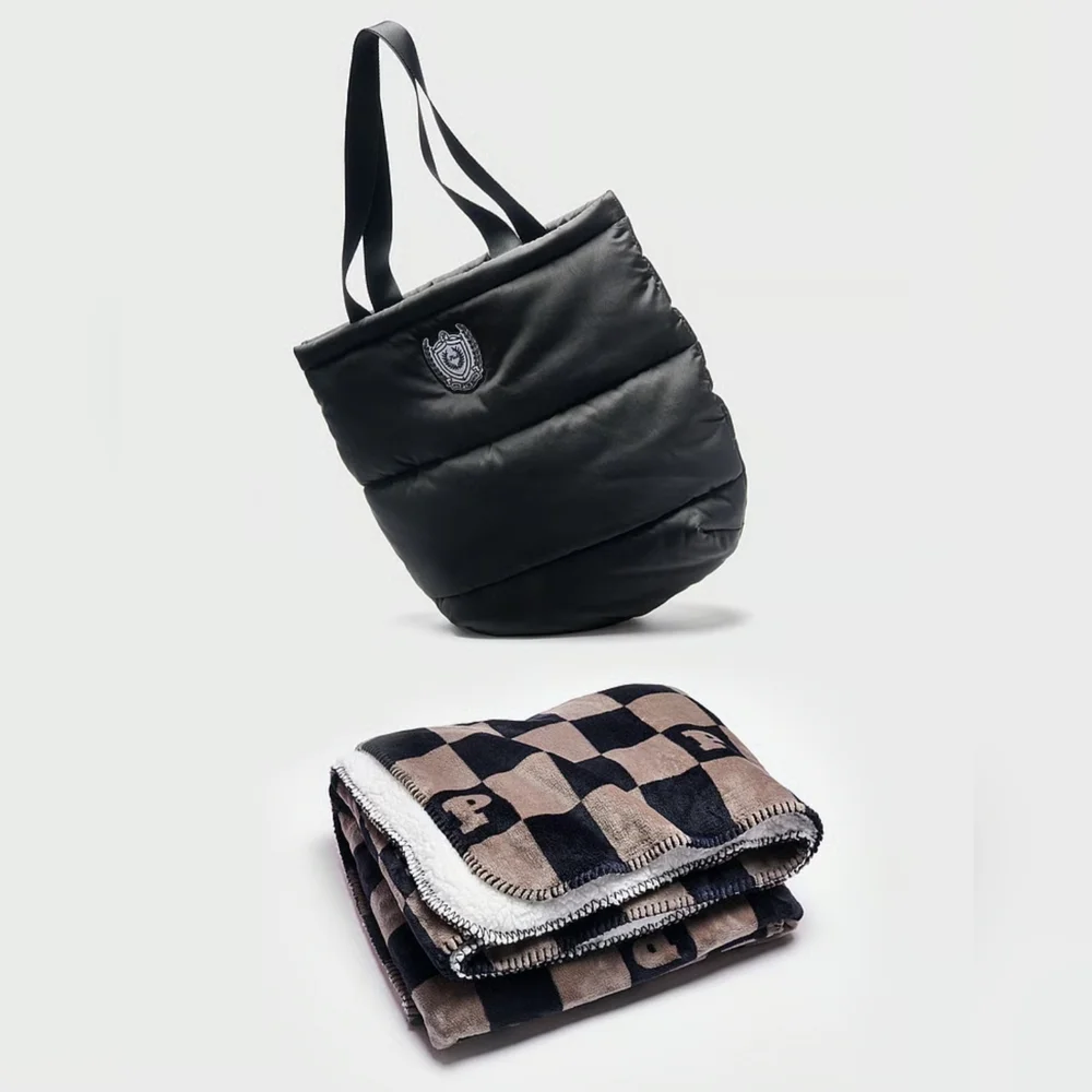 Victoria's Secret Tote Bag Purse Plush Plaid Brown Black Sherpa Blanket Set
